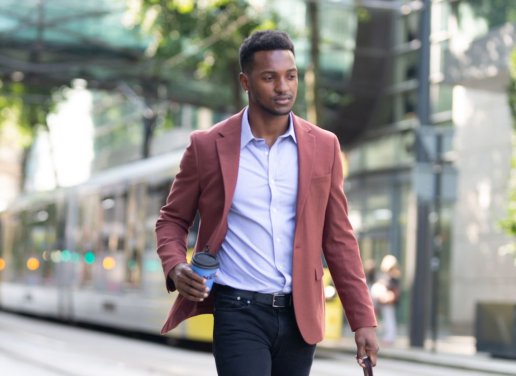 Blazer with shop striped shirt